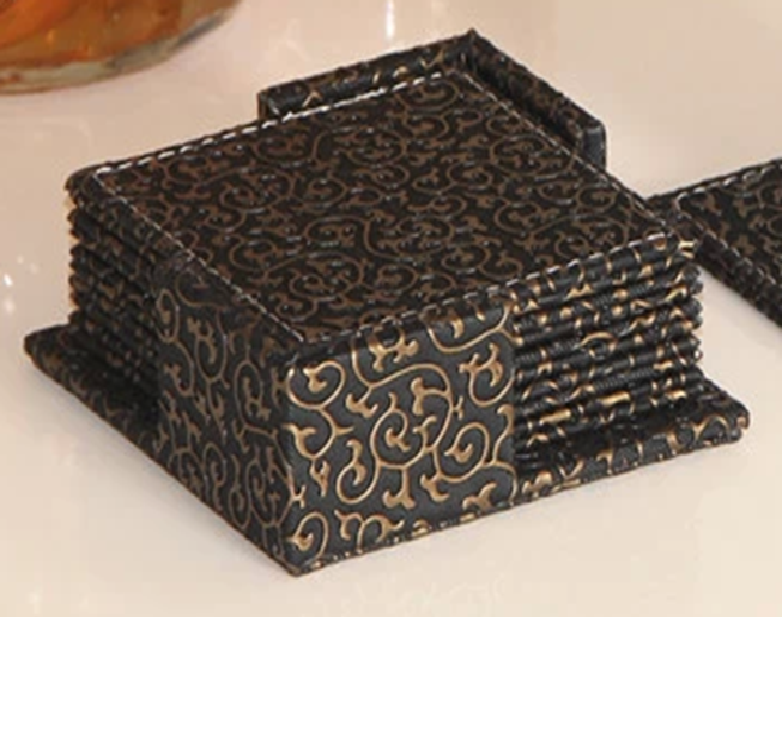 Black Leather 6 Pc Square Coasters WAUCUST1459 Black Leather 6 Pc Square Coasters WAUCUST1459